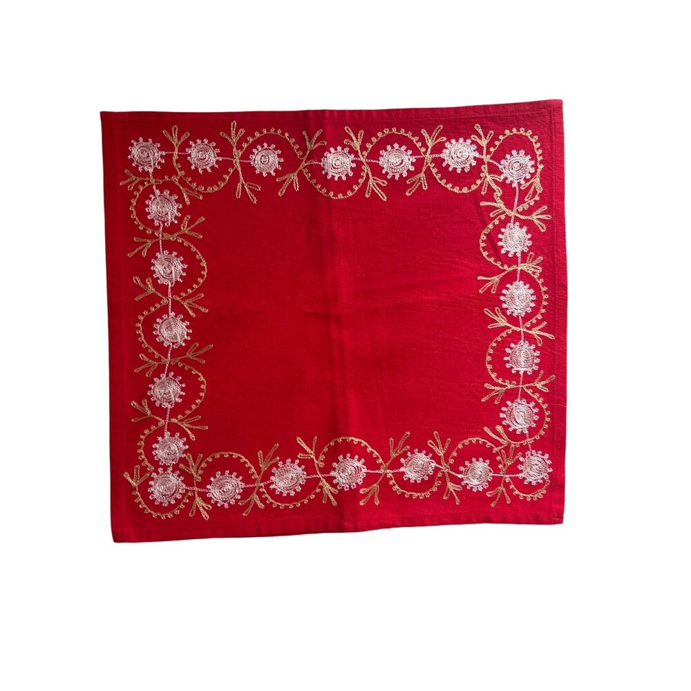 Red Embroidered Floral Table Napkins Set Of 6, 14" x 13"